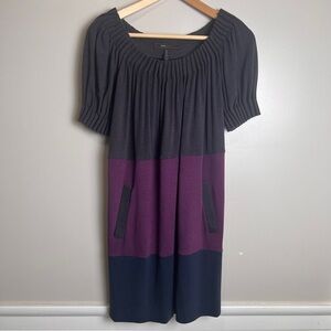 BCBGMAXAZRIA Color Block Charcoal, Purple, Navy Short Sleeve Dress EUC